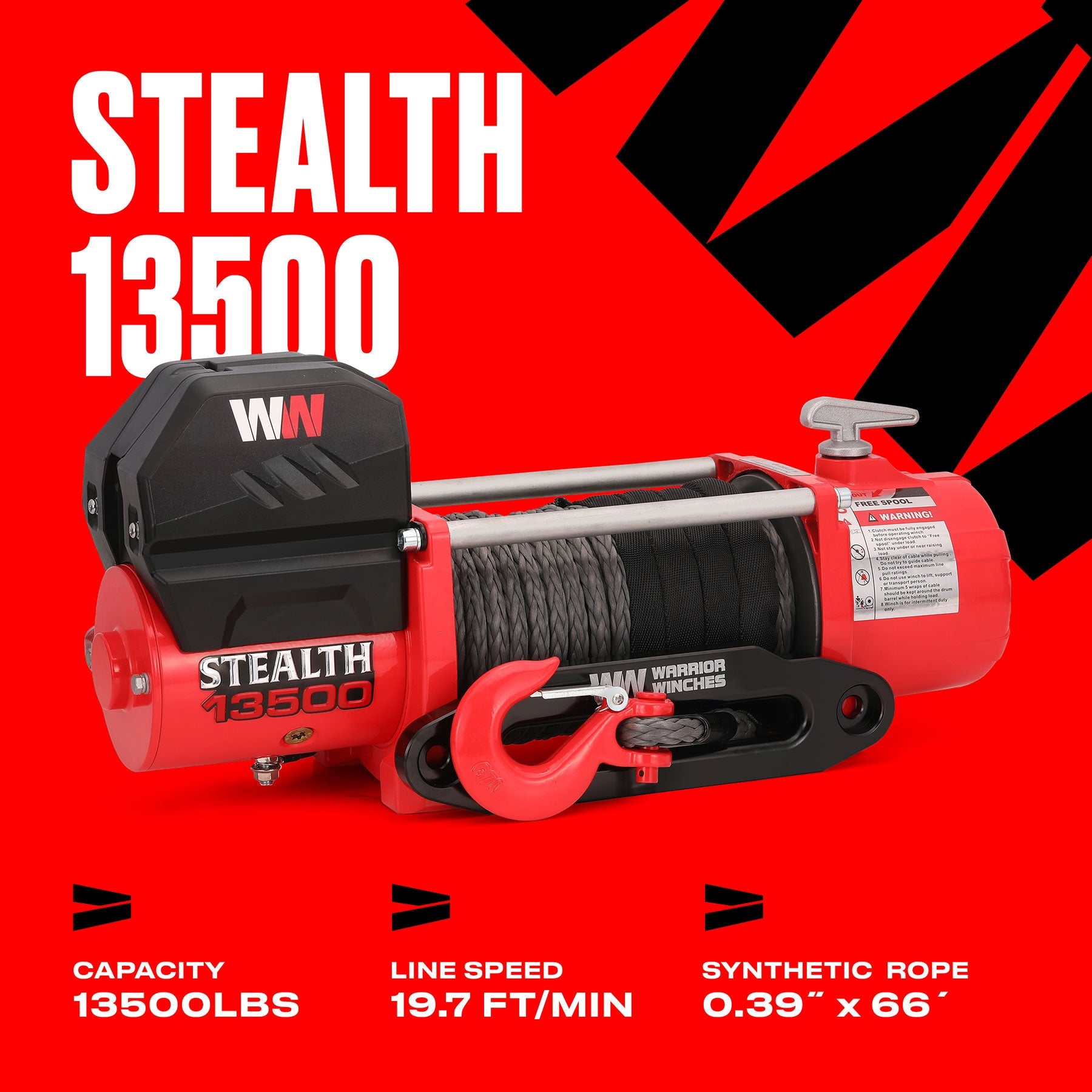 Stealth 13,500lb 12v Electric Winch - Synthetic Rope