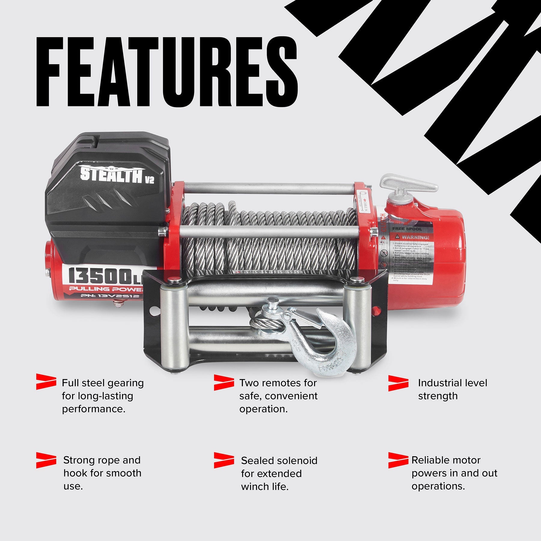 Stealth 13,500lb 12v Electric Winch - Steel Rope