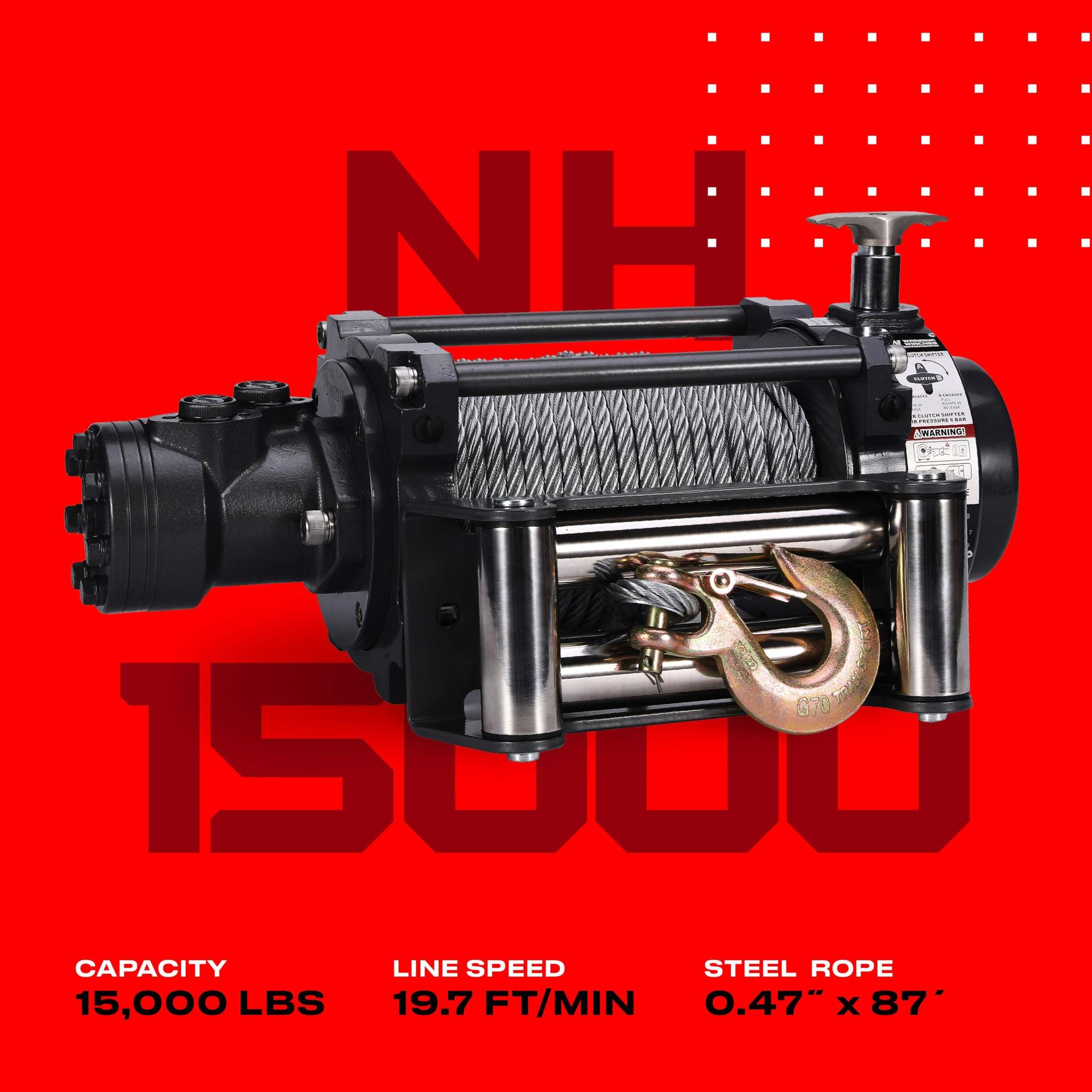 NH 15,000 LB Industrial Hydraulic Winch - Steel Rope | Powerful