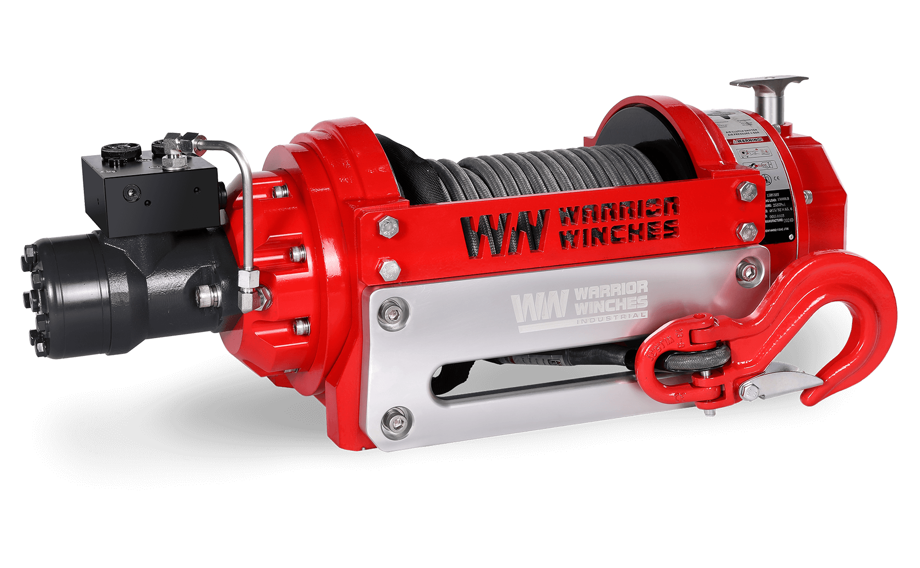 RV15 15,000lb hydraulic winch with synthetic rope and red steel frame for heavy-duty industrial use