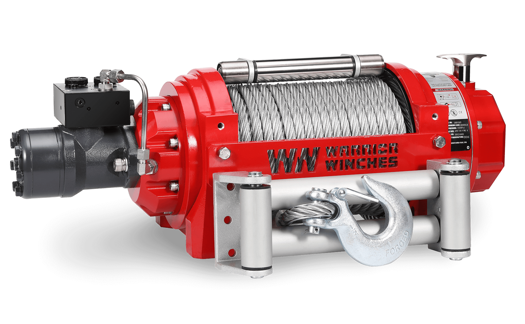 RV15 15,000lb industrial hydraulic winch with steel rope and robust drum to rope ratio for heavy-duty use