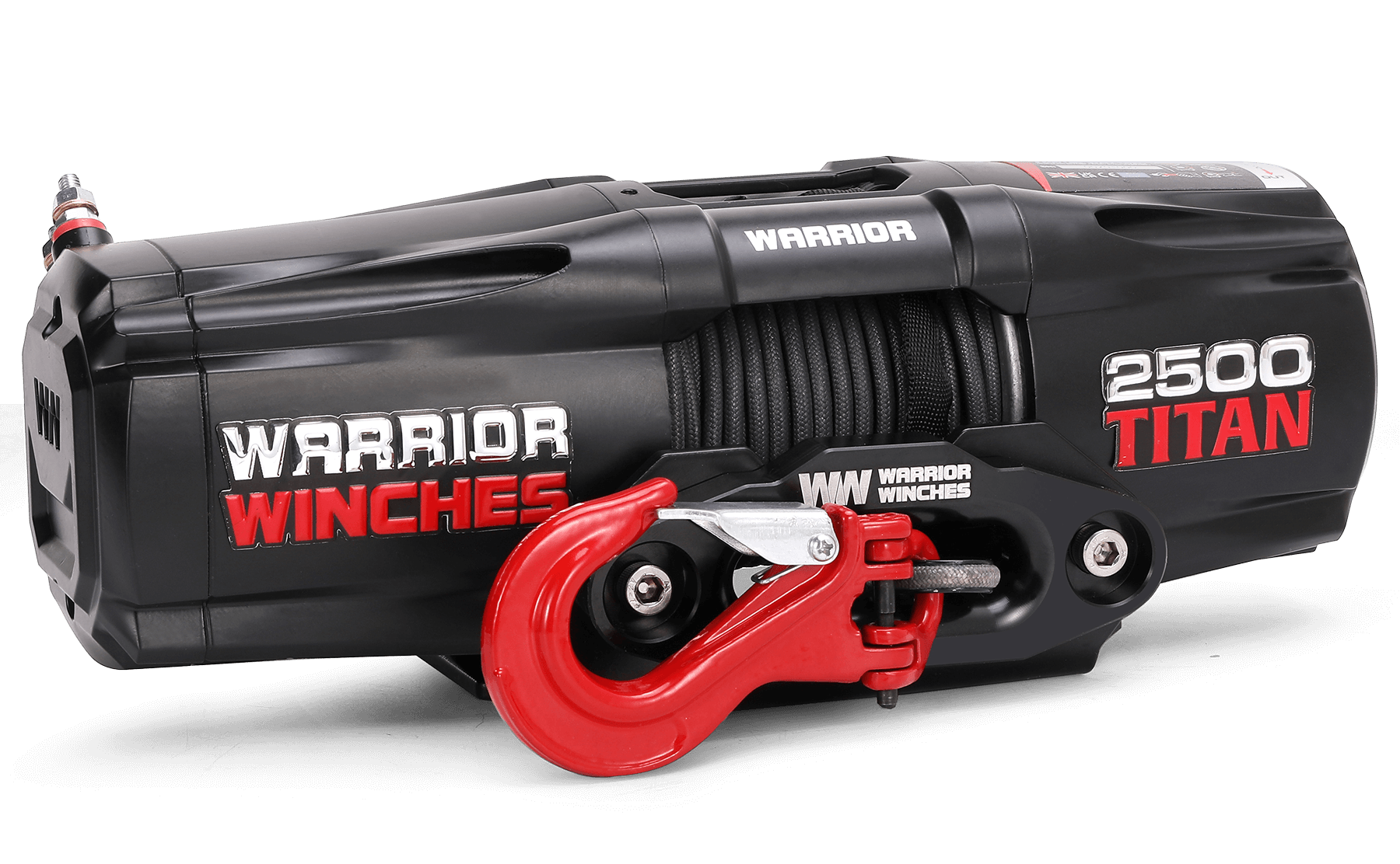Titan 2,500lb electric winch with synthetic rope and red hook for heavy-duty recovery