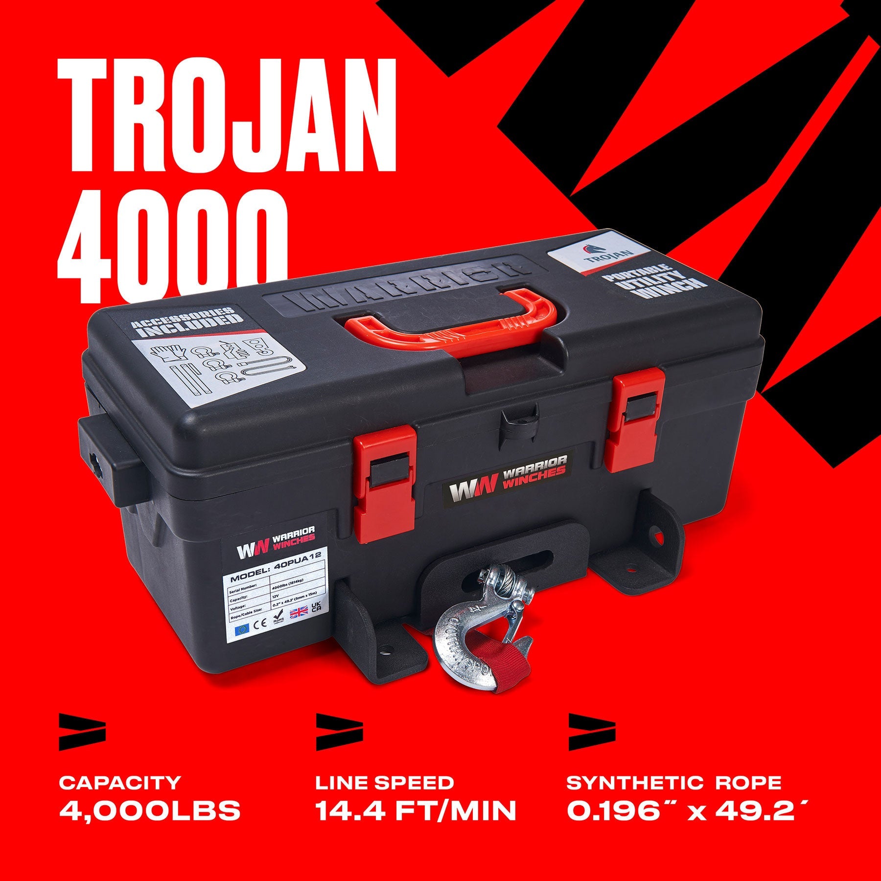 Trojan 4,000lb 12v Portable Utility Winch - Synthetic Rope