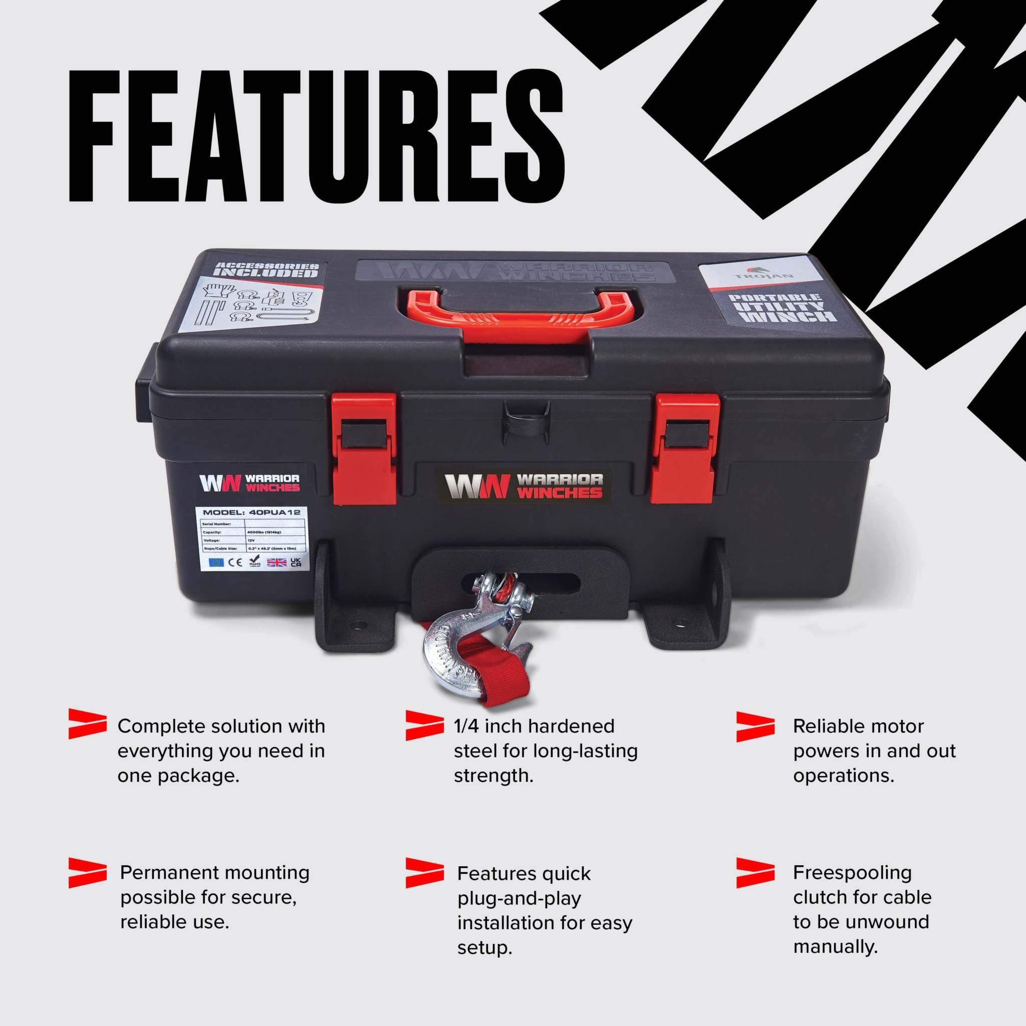 Trojan Portable Utility Winch - Heavy-Duty 4000 LB, 12V Winch