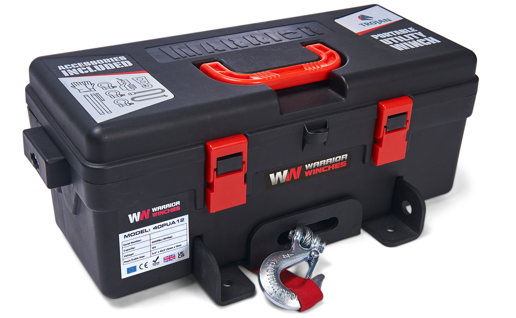 Trojan Portable Utility Winch 4000lb 12v in black case with red handle and heavy-duty hook
