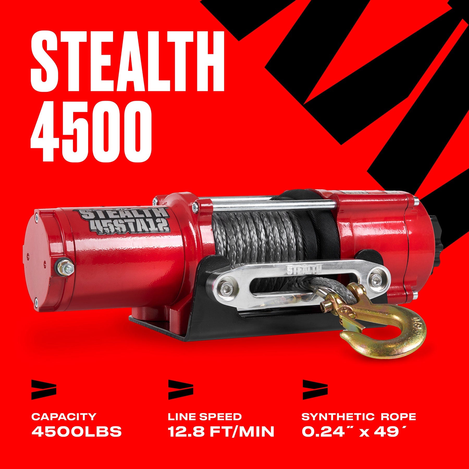 Stealth 4,500lb 12v Electric Winch - Synthetic Rope