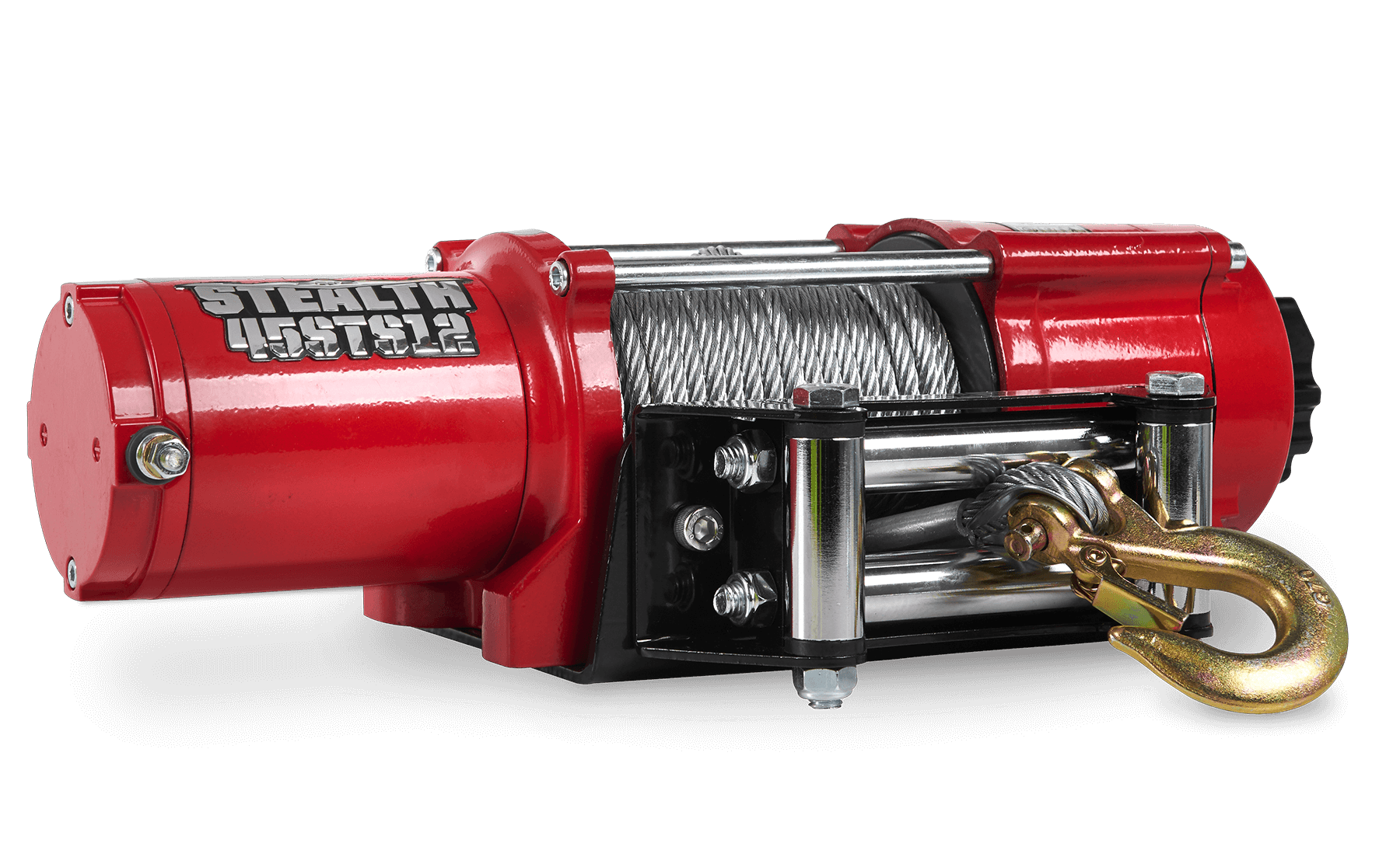 Stealth 4,500lb electric winch with steel rope and heavy-duty hook in red housing