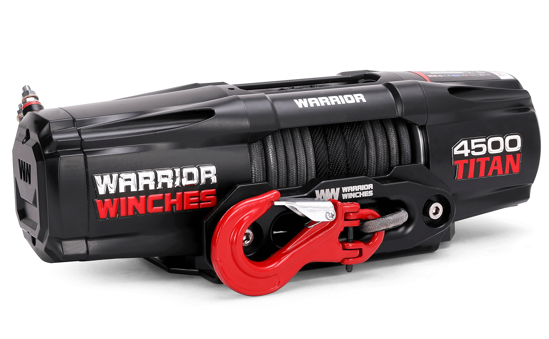 Titan 4,500lb 12v electric winch with synthetic rope and red hook by Warrior Winches