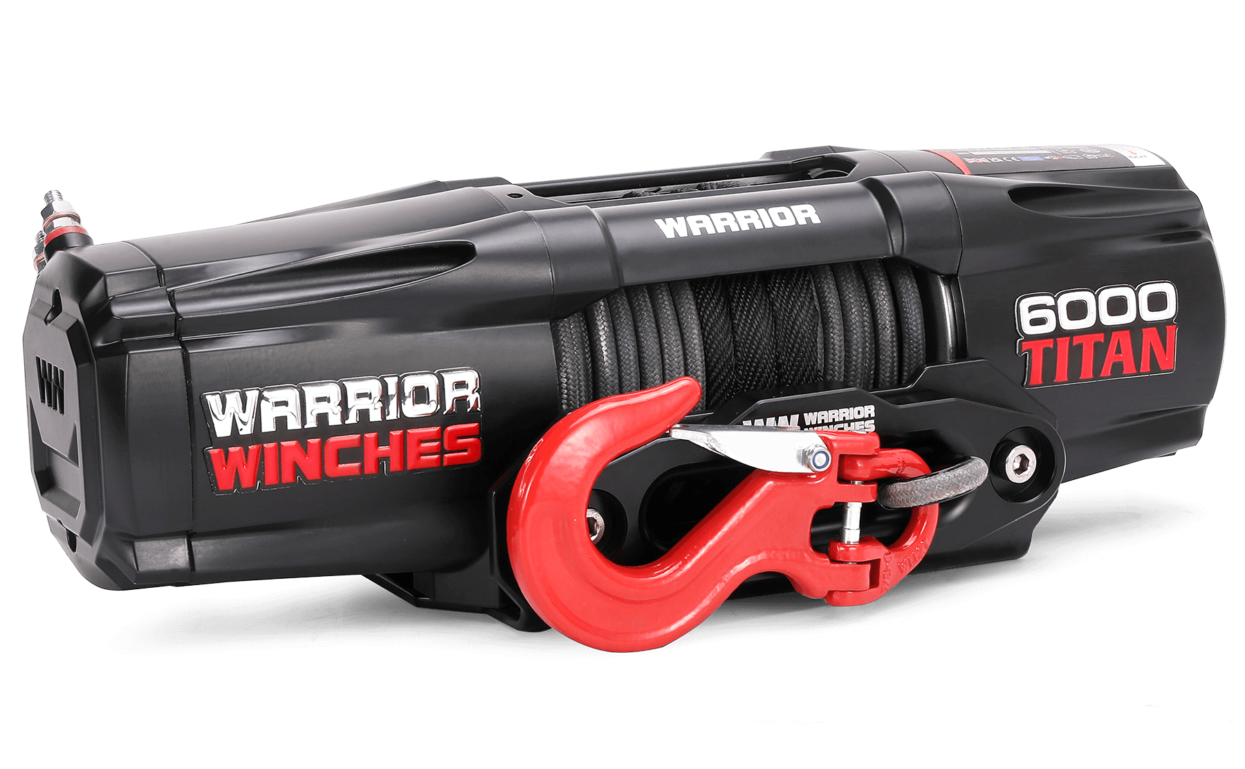 Titan 6,000lb 12v electric winch with synthetic rope and red hook for heavy-duty recovery tasks