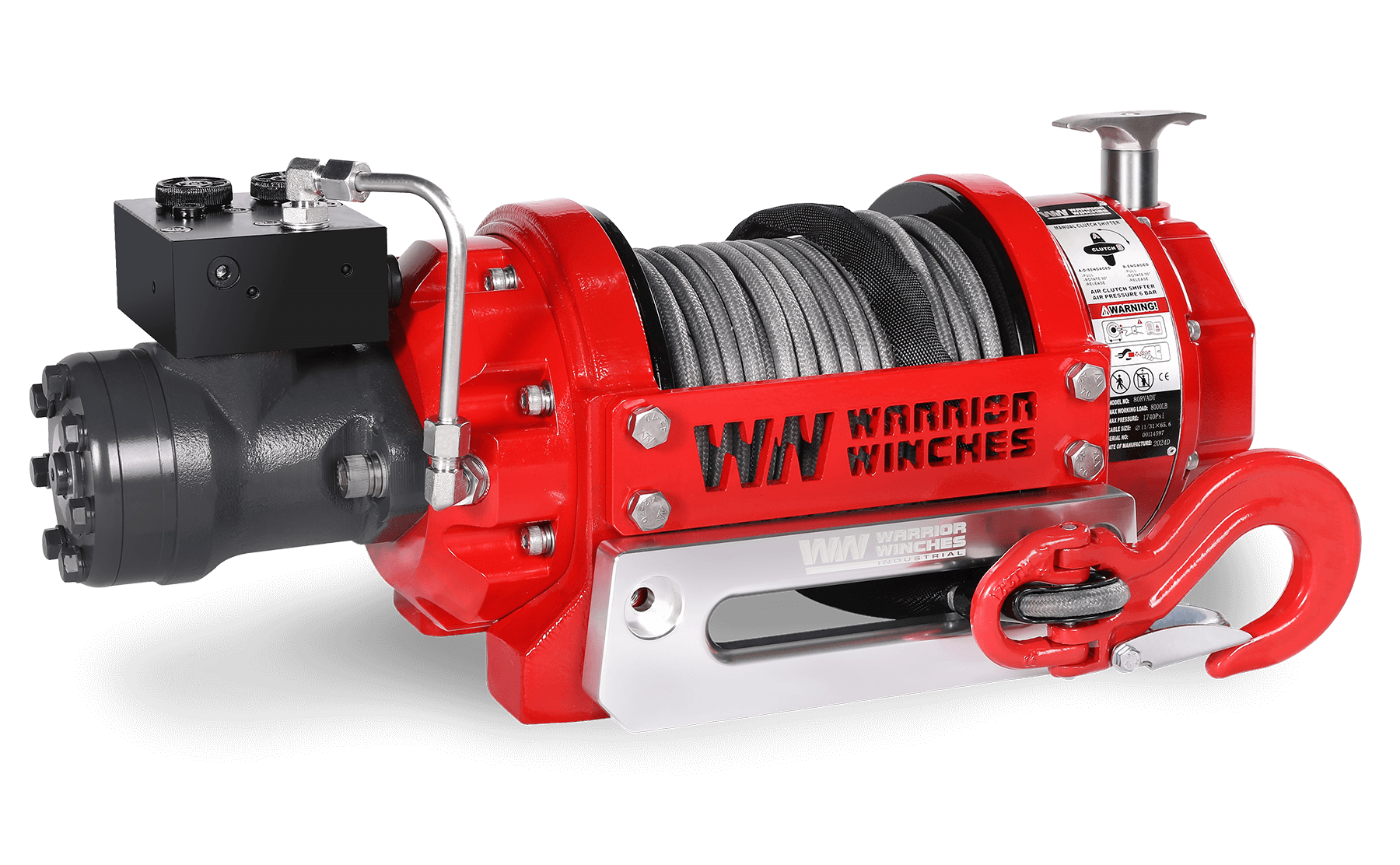 RV8 8,000lb hydraulic short drum winch with synthetic rope and red housing for heavy-duty industrial use