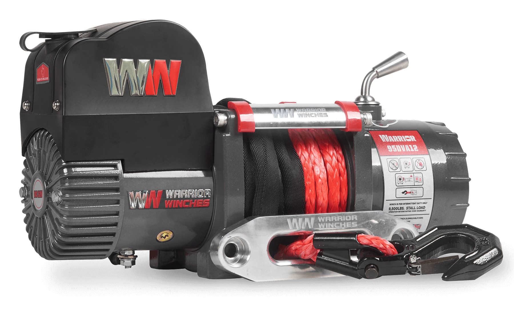 Samurai 9500lb short drum 12v electric winch with synthetic red rope and black-gray body