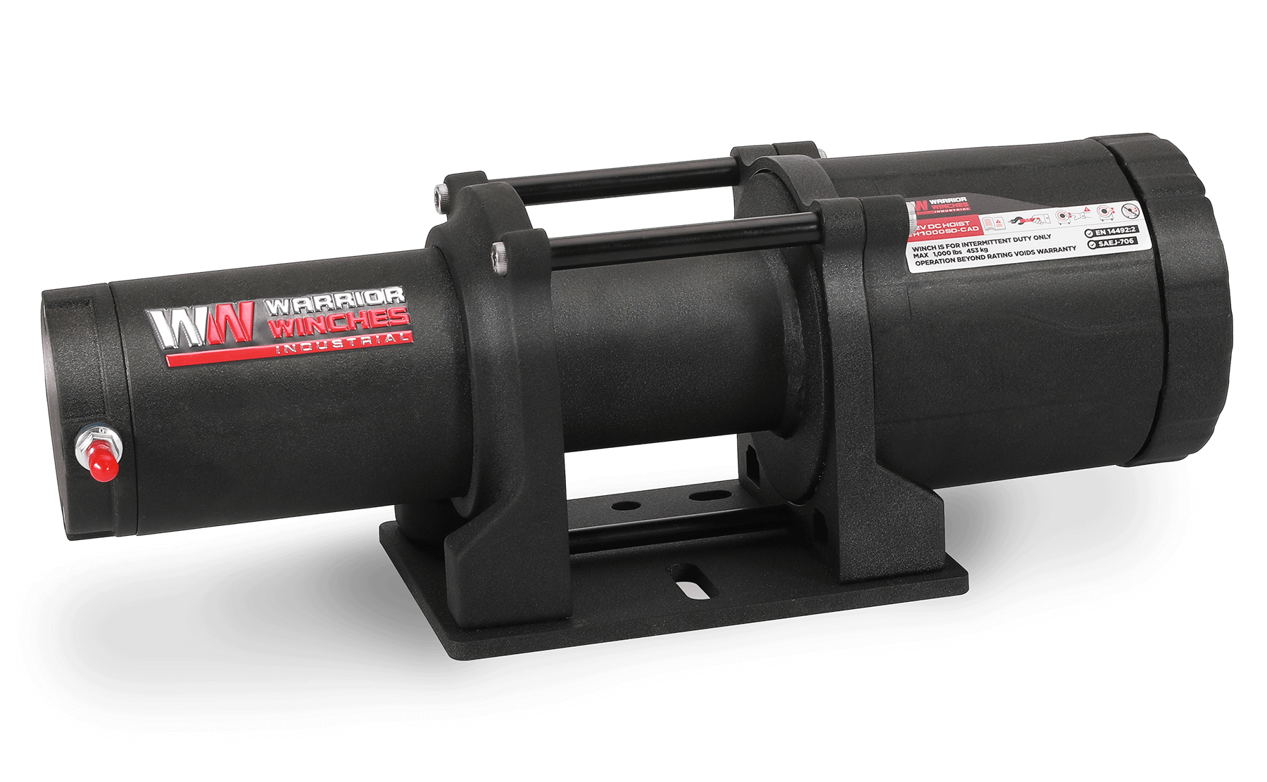 EH1000 Short Drum 12v industrial hoist with shortened drum, rugged motor, and planetary gear train for tight space mounting