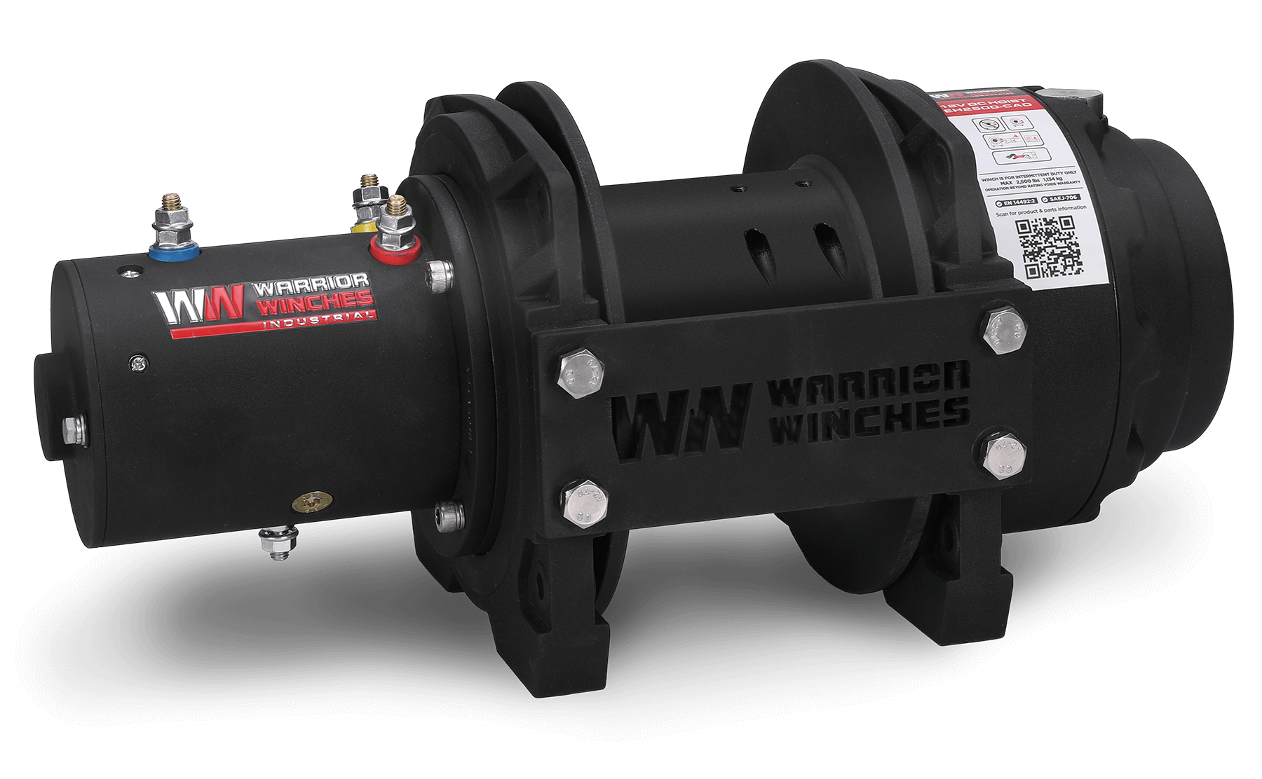 EH2500 12v Industrial Hoist with metal planetary gear, rugged DC motor, and full load brake by Warrior Winches