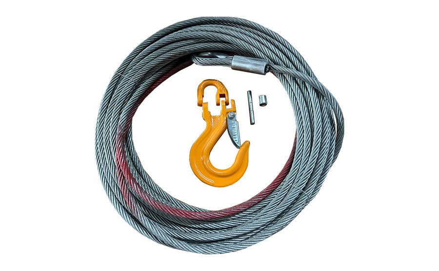 3/16 inch steel cable with yellow steel hook and accessories coiled on white background