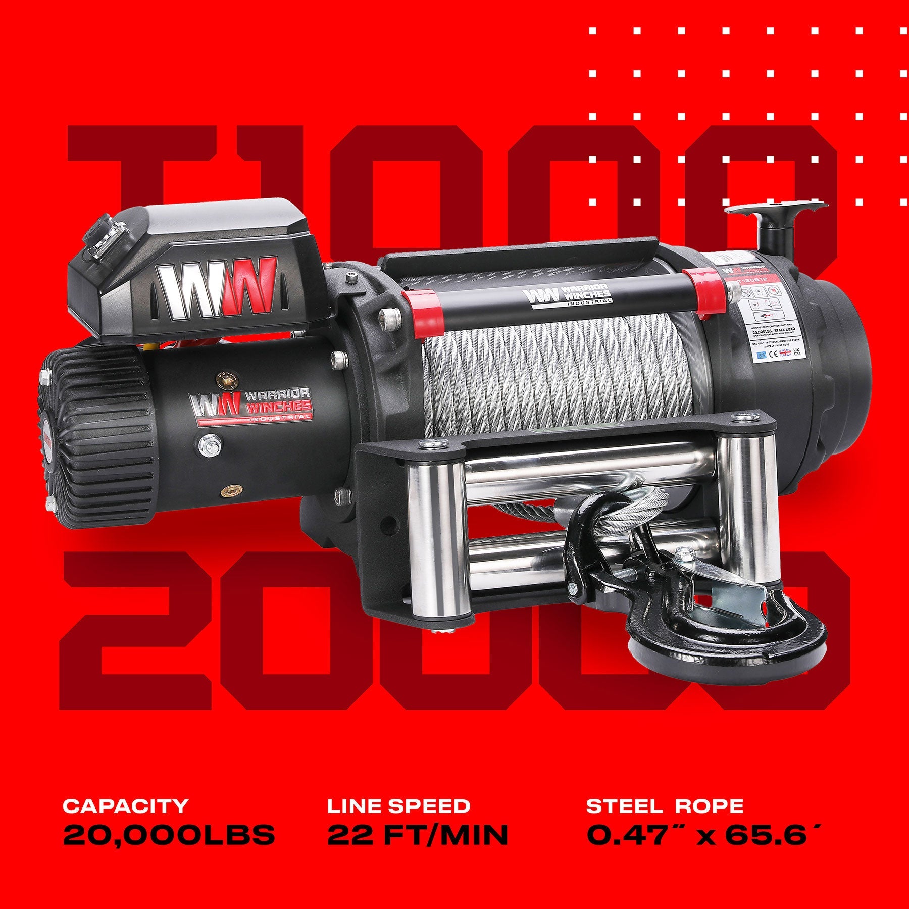 T1000 20000lb Electric Winch - 12v Steel Rope