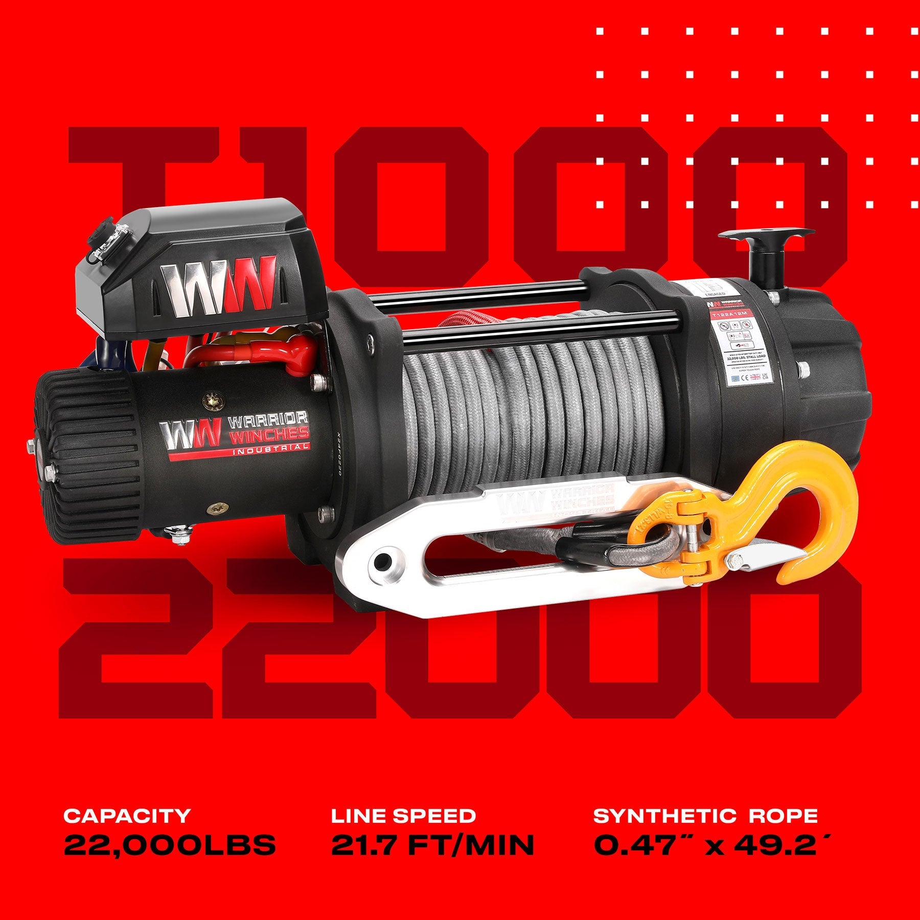 T1000 22000lb Electric Winch - 12v Synthetic Rope