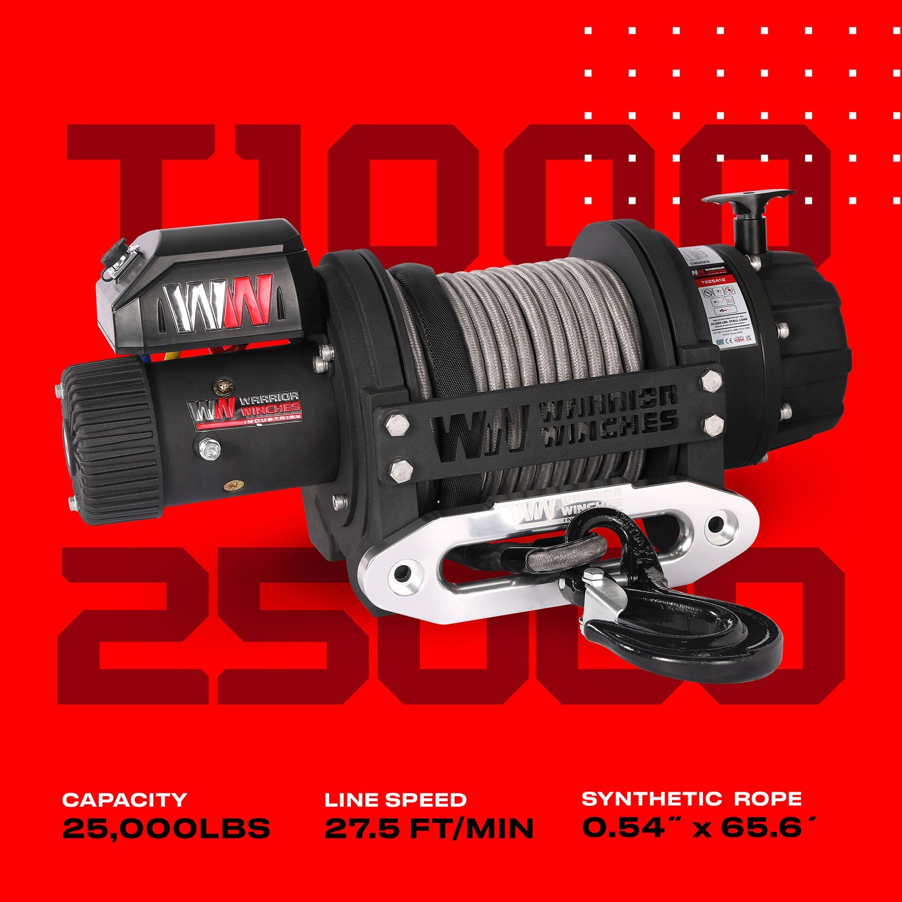 T1000 25000lb Electric Winch - 12v Synthetic Rope