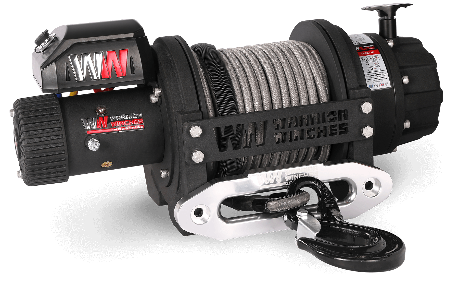 T1000 25,000lb severe duty 12v electric winch with synthetic rope designed for extreme military and industrial use
