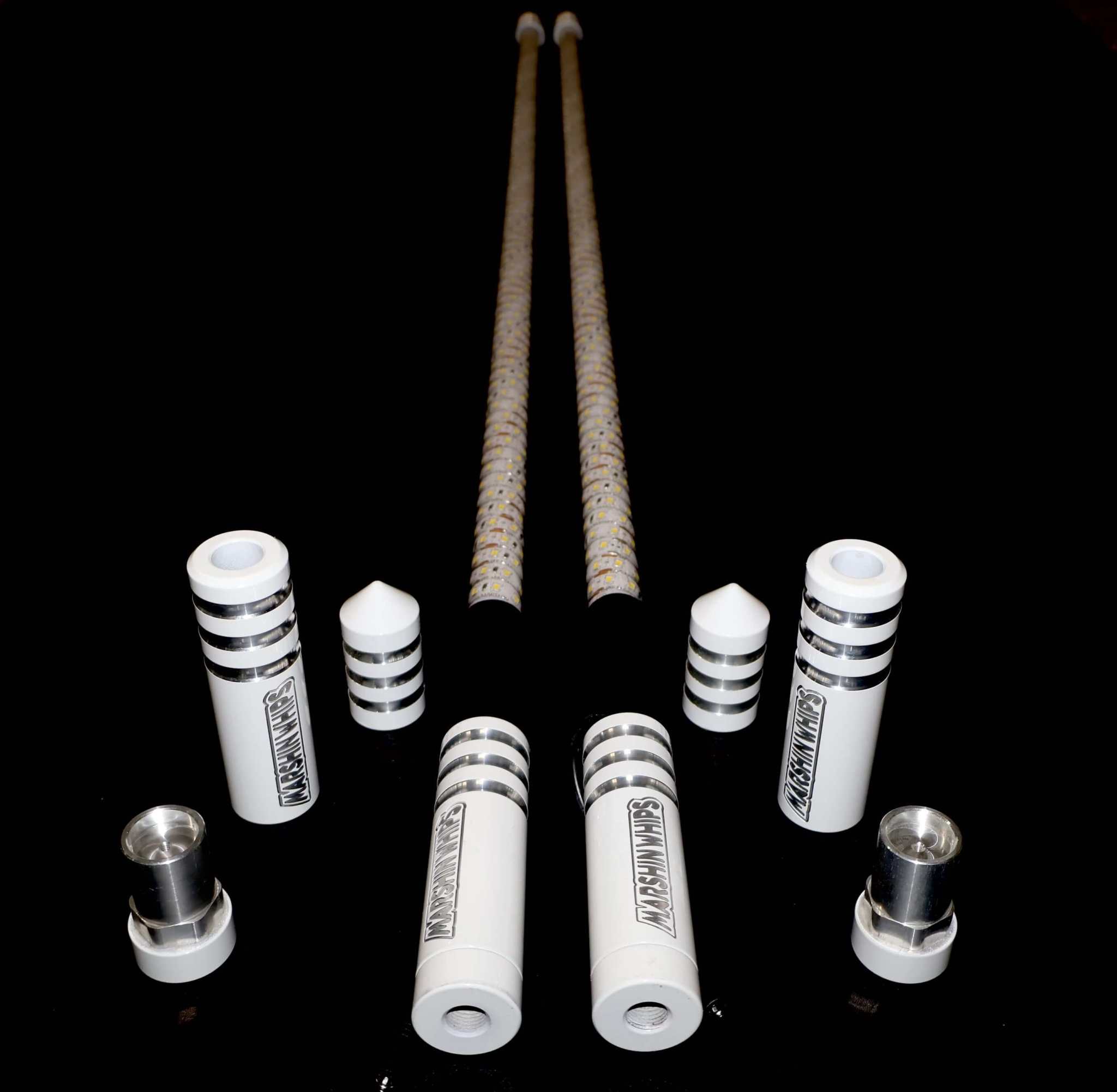 Game Changer Whips White Edition set with strong internal rods, LED-lit white bases, and magnetic mounts for off-road use