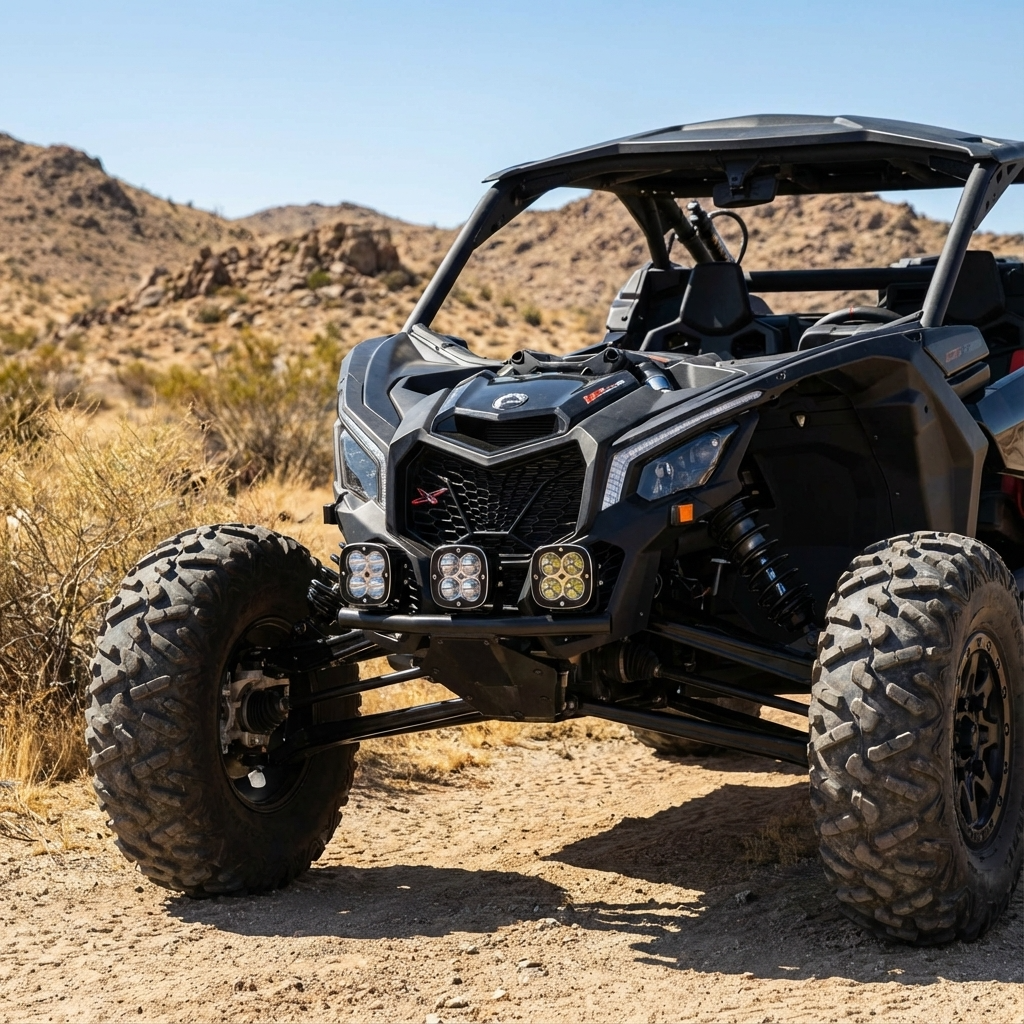 All Terrain Concepts X PRO RACE SERIES Pod LED light mounted on off-road vehicle with amber backlight in desert terrain