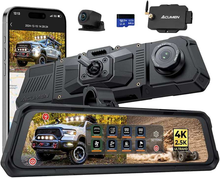 Acumen rearview mirror switch control system with dual Full HD cameras, Wi-Fi and Bluetooth connectivity, programmable switches, and 4K ultra HD display