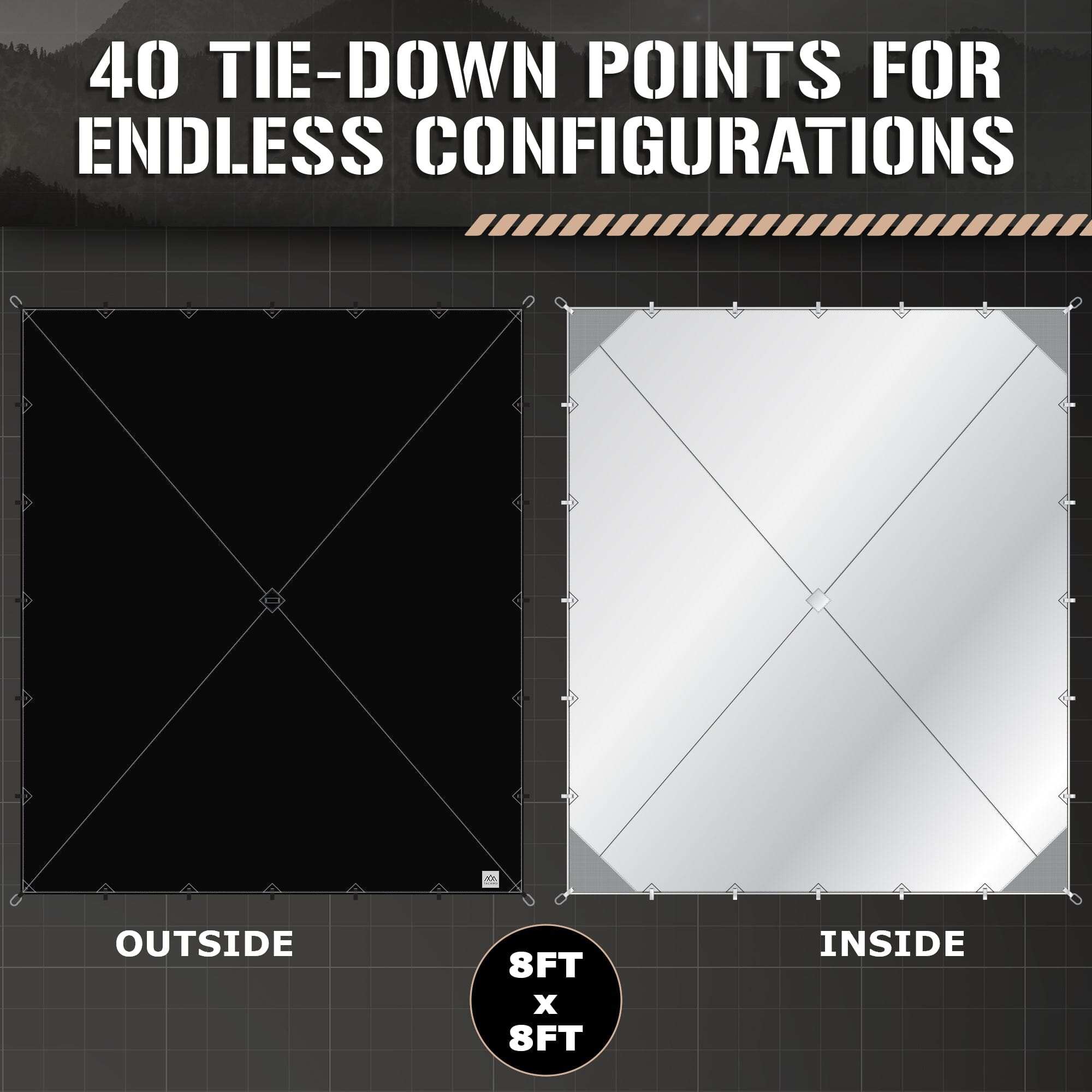 Bushcraft Reflective Shelter Tarp with 40 tie-down points, showcasing inside and outside views, 8x8 ft configuration.