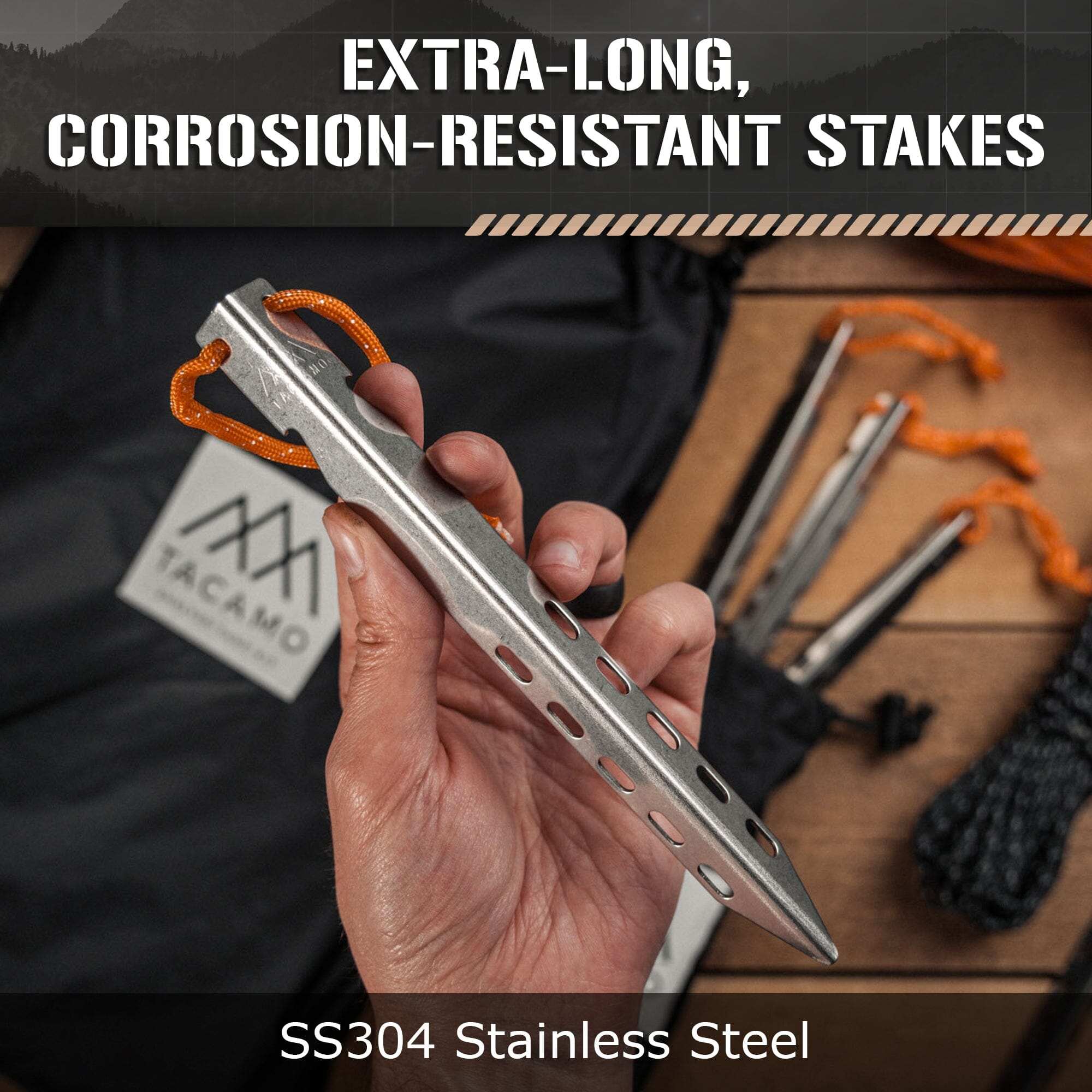 Extra-long corrosion-resistant stainless steel stakes for shelter tarp.