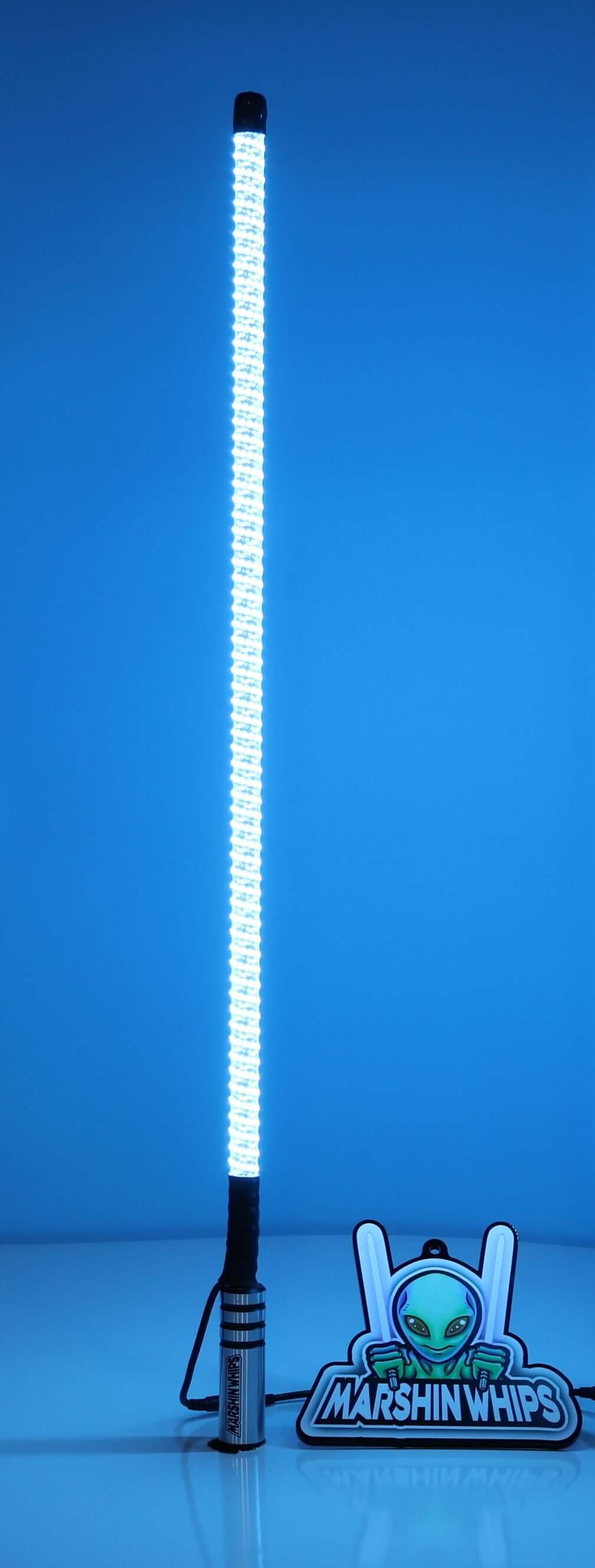 Marshin Whips V3 Chrome Black LED whip light with billet machined base and black accents, glowing bright blue against a dark background.
