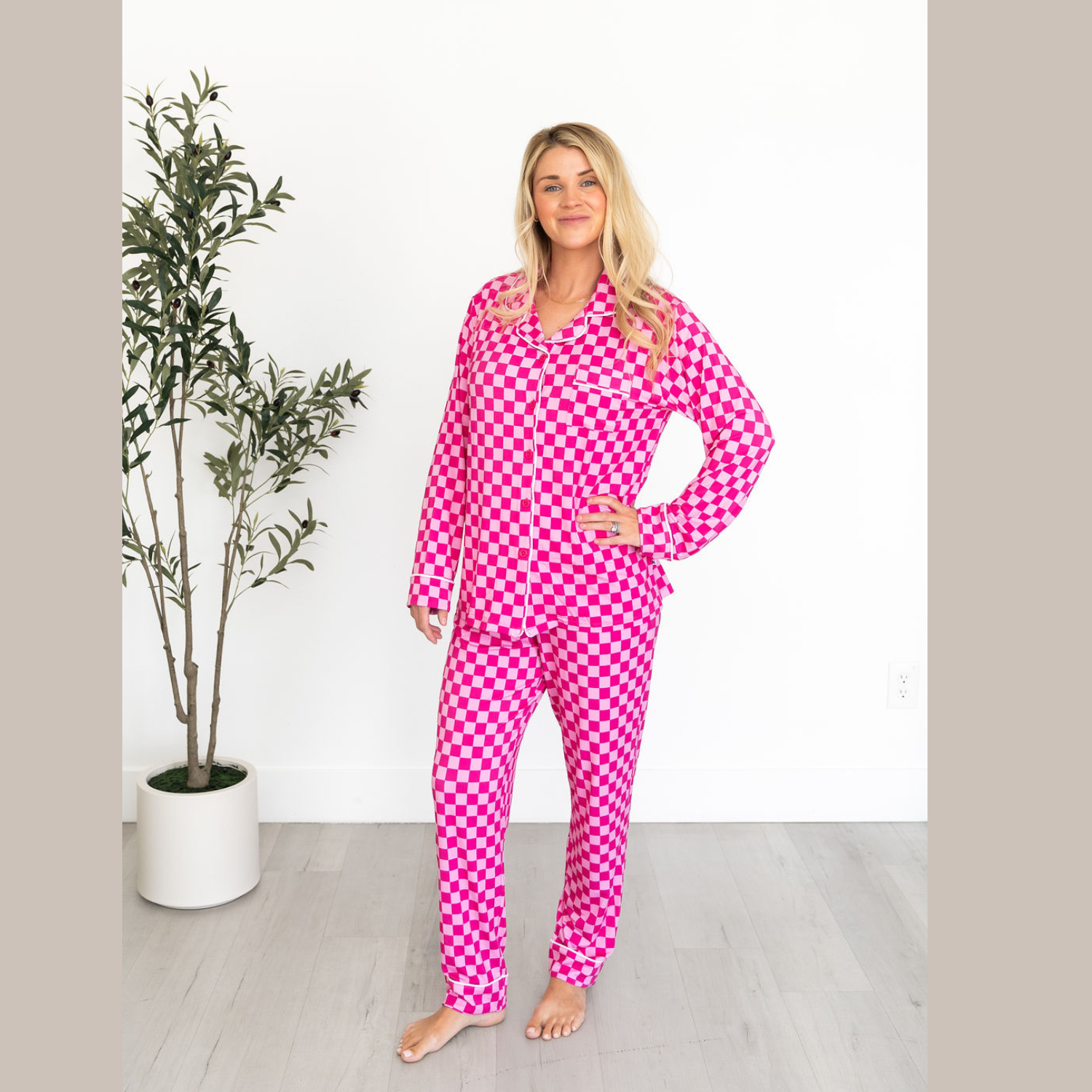 Women's luxe pink checkered pajamas set with button-down top and relaxed fit pants