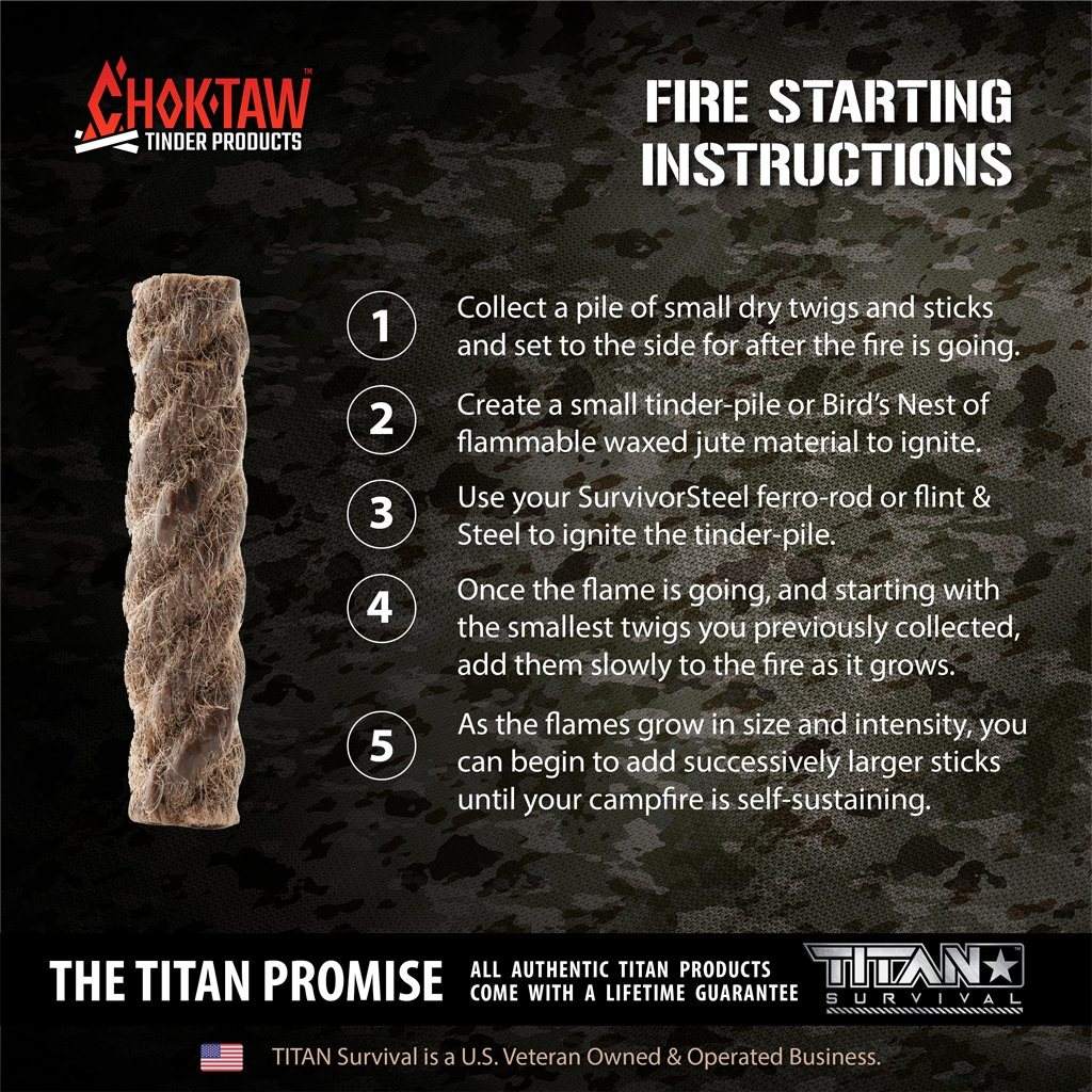 CHOKTAW Waxed Jute Rope Tinder Stick with fire starting instructions and TITAN Survival guarantee.