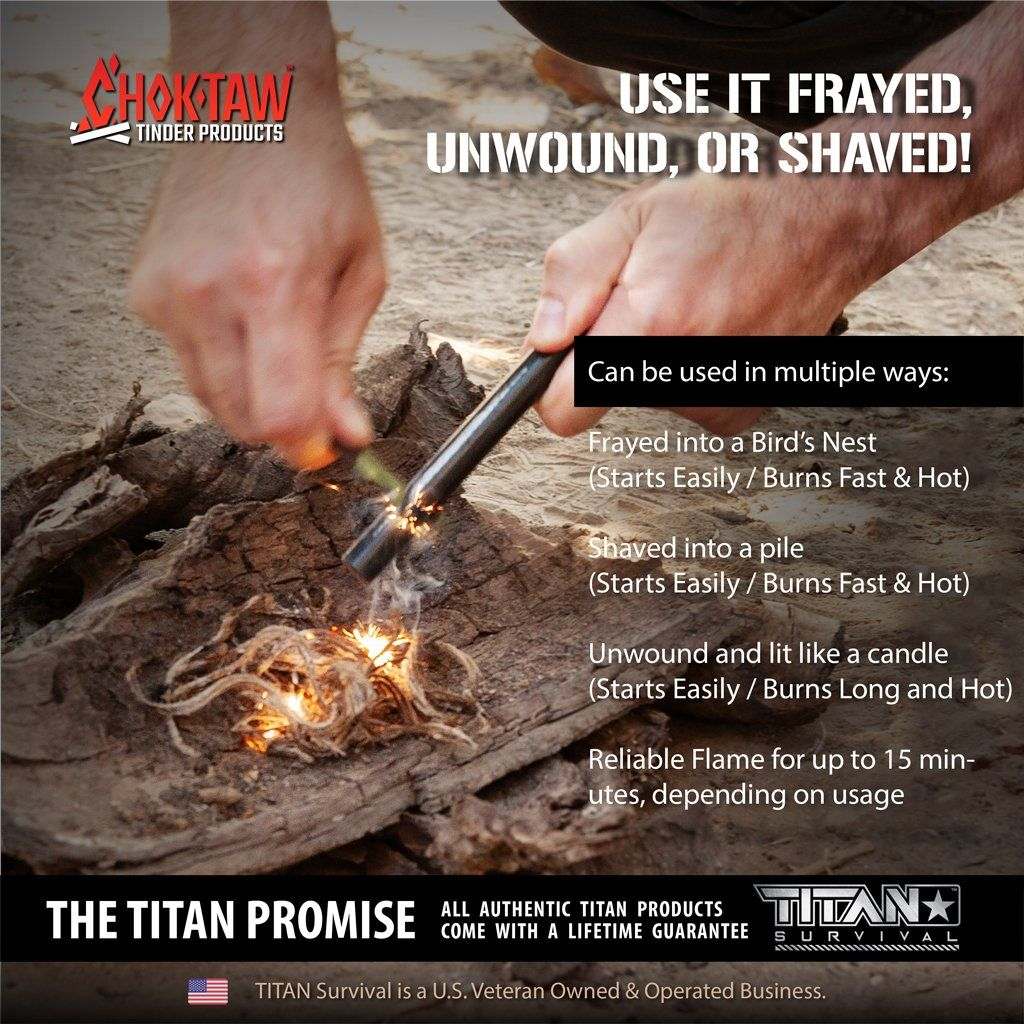 CHOKTAW Waxed Jute Rope Tinder Sticks being used to start a fire, showcasing their versatility and reliability for emergency fire-starting situations.