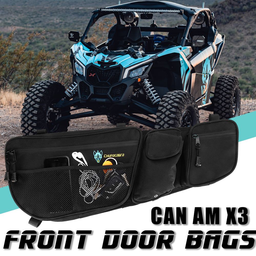 Can Am X3 door bags black heavy-duty nylon front door storage with pockets and beverage holder for offroad vehicles