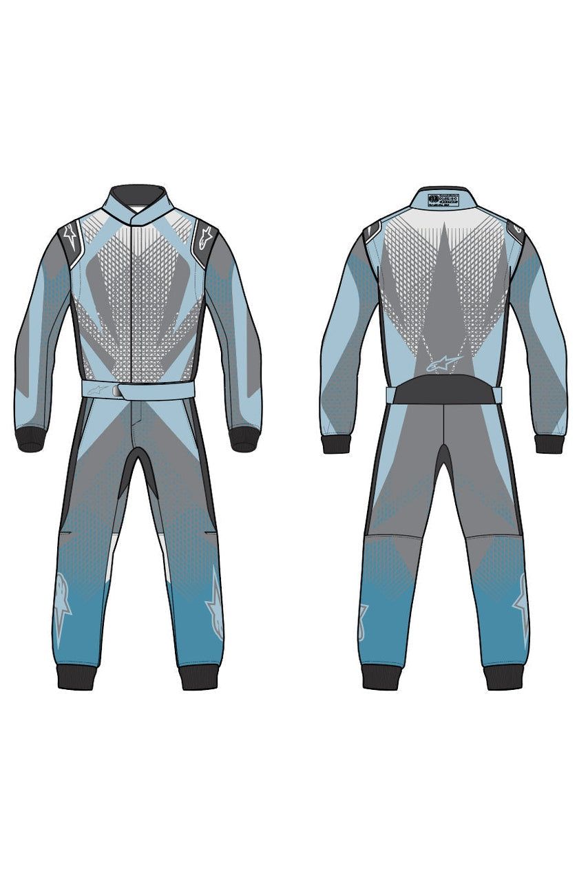 Alpinestars custom driving suit design illustration with blue and gray patterns.