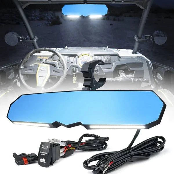 D2D 13-inch lighted rearview mirror with built-in LED dome light and wide-angle convex view for off-road safety