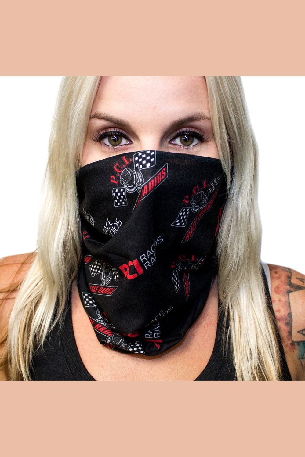 Woman wearing black PCI Dust Mask with racing logo, breathable dust protection mask