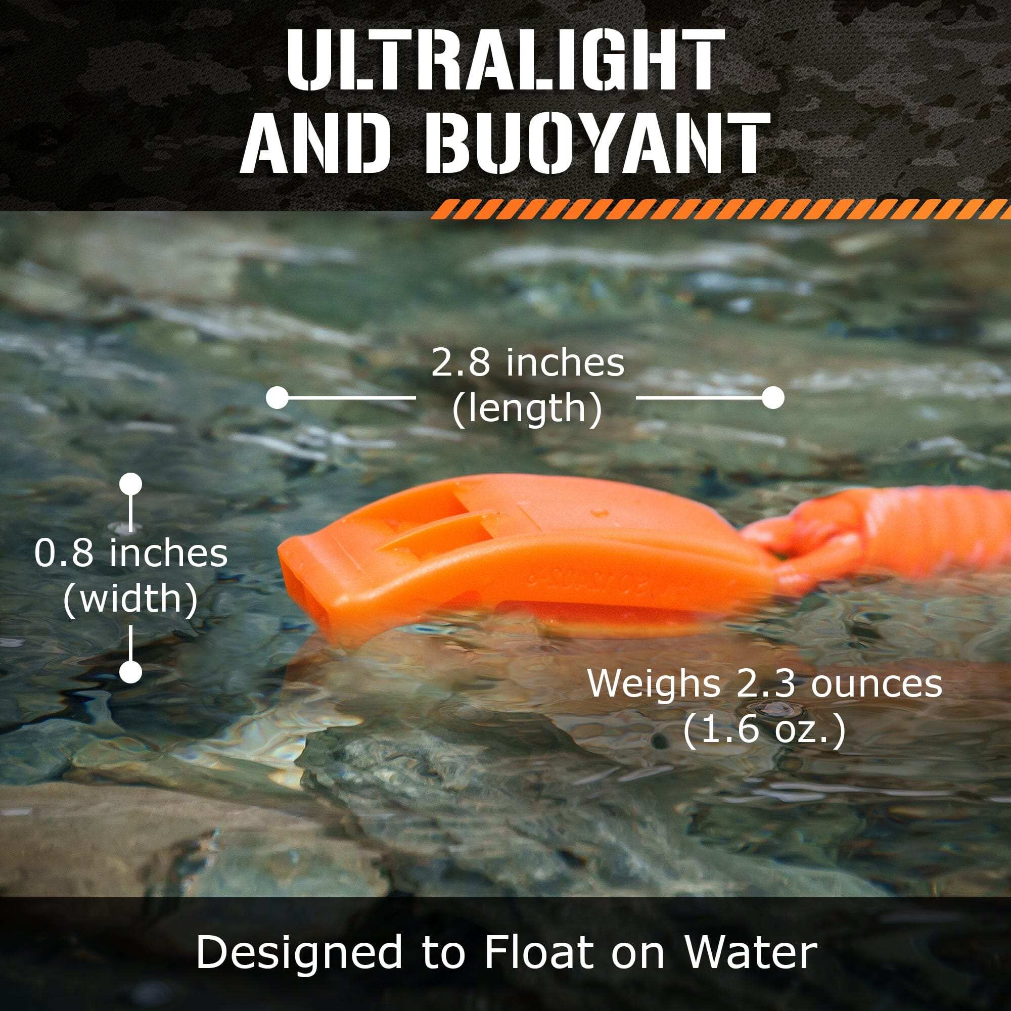Ultralight emergency whistle floating on water with dimensions labeled, showcasing buoyancy and design.