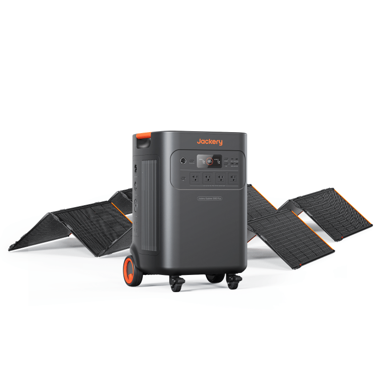 Jackery Solar Generator 5000 Plus powering home appliances with solar energy, high capacity battery, and smart circuit protection