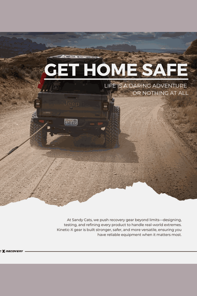 Off-road vehicle using Kinetic-X Recovery Rope for safe recovery on sandy terrain.