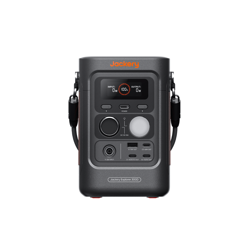 Jackery Explorer 300D portable power station with handle and built-in USB-C strap for fast charging