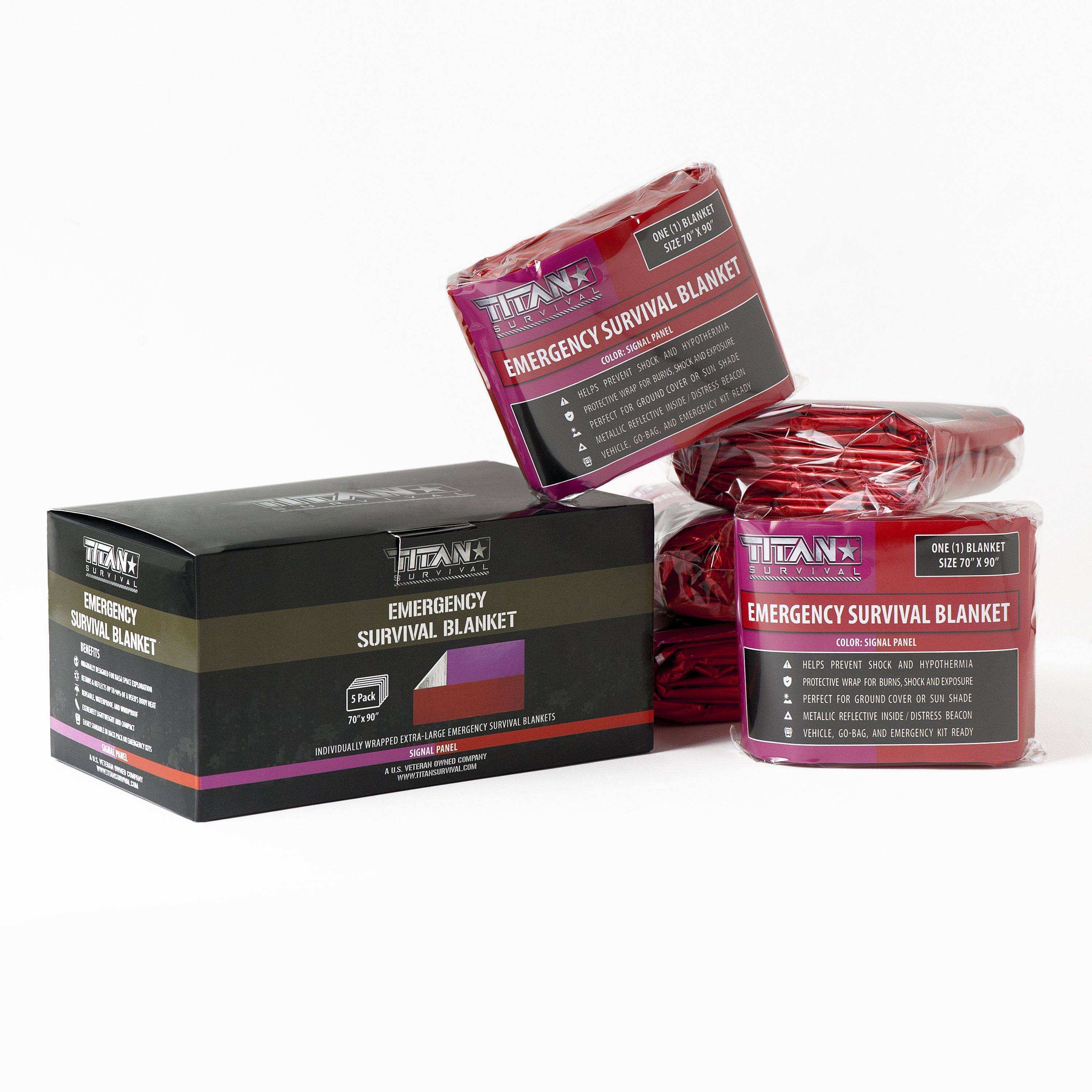 XL Mylar Emergency Survival Blankets, 5-pack, shown in packaging, ideal for retaining body heat and emergency preparedness.