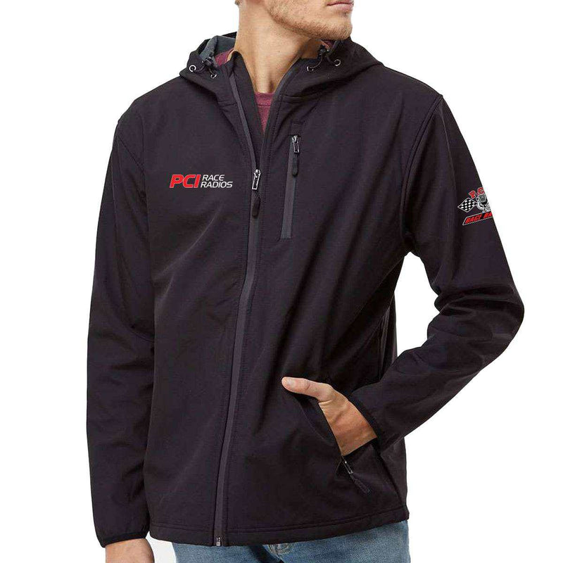 PCI Chase Jacket black hooded soft shell with PCI logo, water resistant, zip pockets, fleece interior