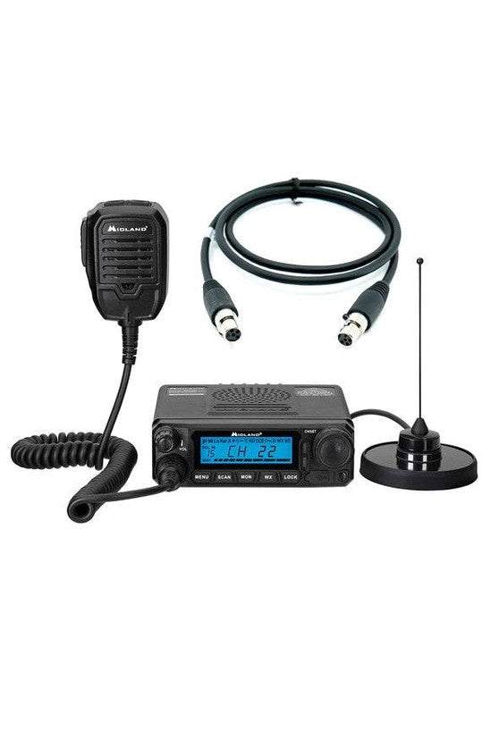Midland MXT 500 two-way radio package with mic, cables, and antenna.