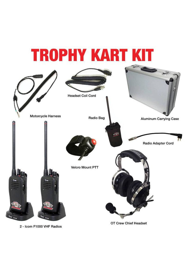Trophy Kart Kit with two Icom F1000 VHF radios, headset, radio bag, wiring harnesses, push-to-talk button, and aluminum carrying case.