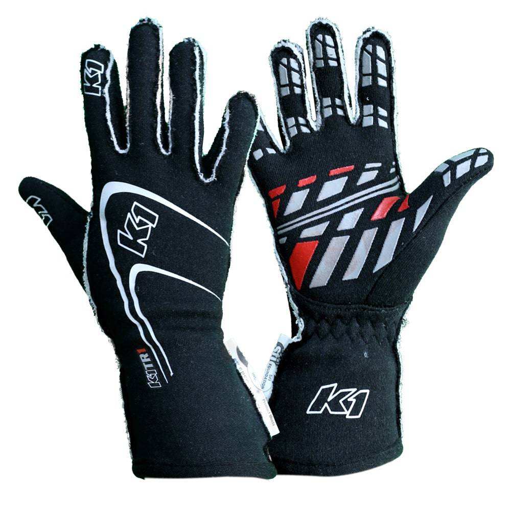 Clearance K1 Driving Gloves in factory new condition with SFI 3.3/5 certification and pre-curved fingers for reduced fatigue