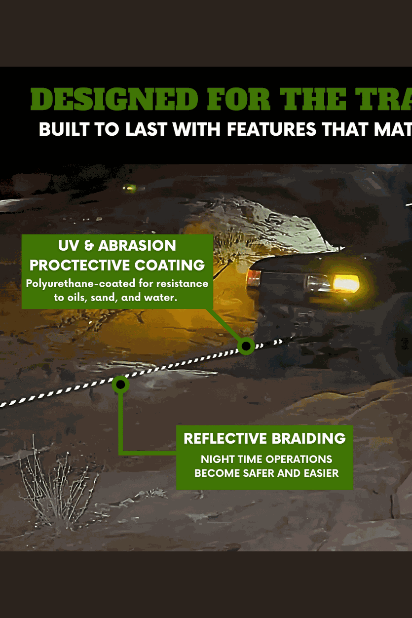 Off-road vehicle using Titan Recovery Kit with reflective braiding and UV protective coating.
