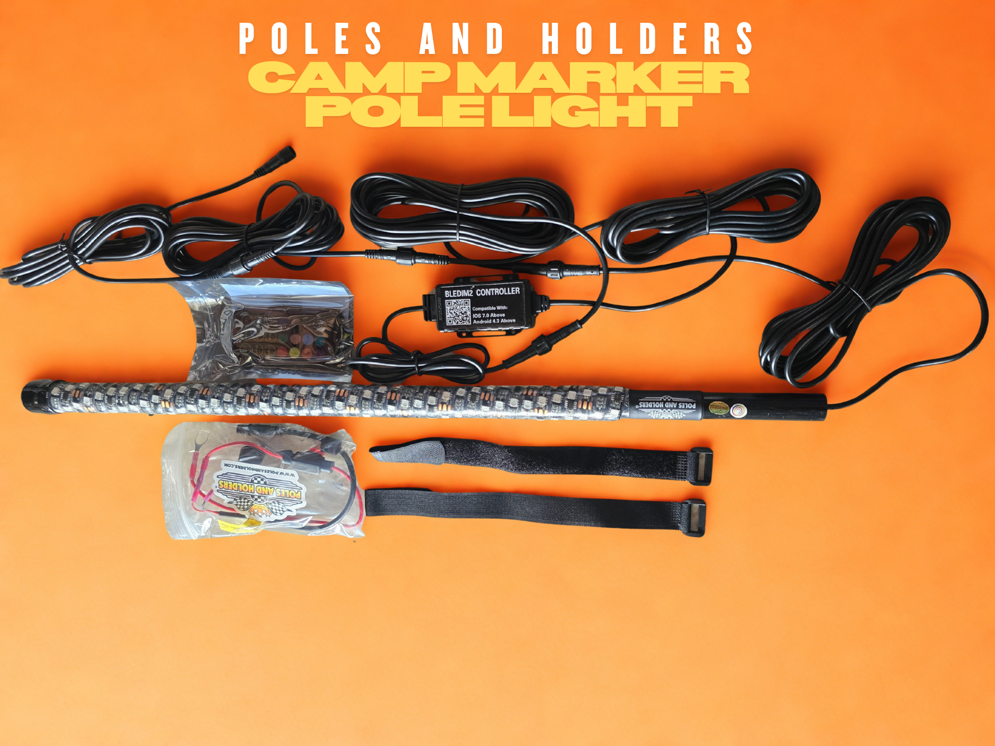 Poles and Holders 2-foot 12 volt Bluetooth camp marker pole light with remote control and wiring accessories on orange background