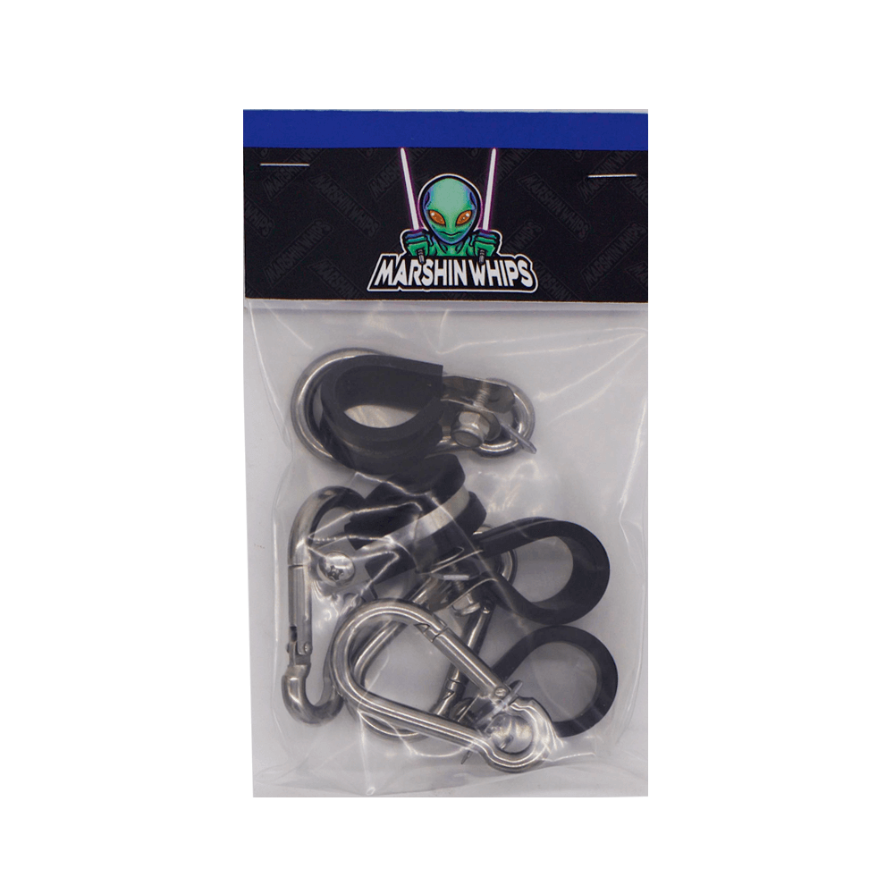 Marshin Whips Flag Clips with rubber backing and metal carabiners for secure flag attachment on whips.