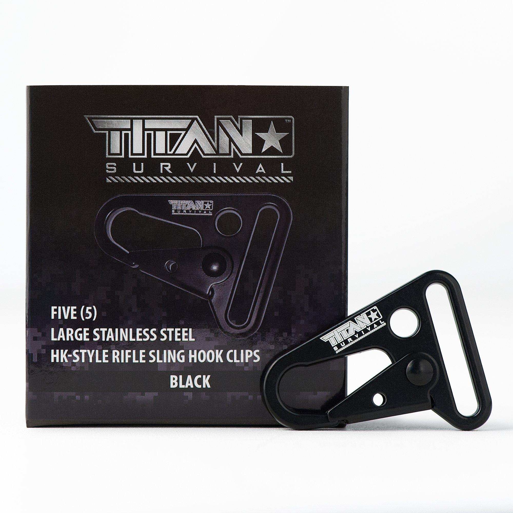 HK-Style Snap Hooks, 5-Pack of heavy-duty metal clips by TITAN Survival in black finish for tactical slings and gear.