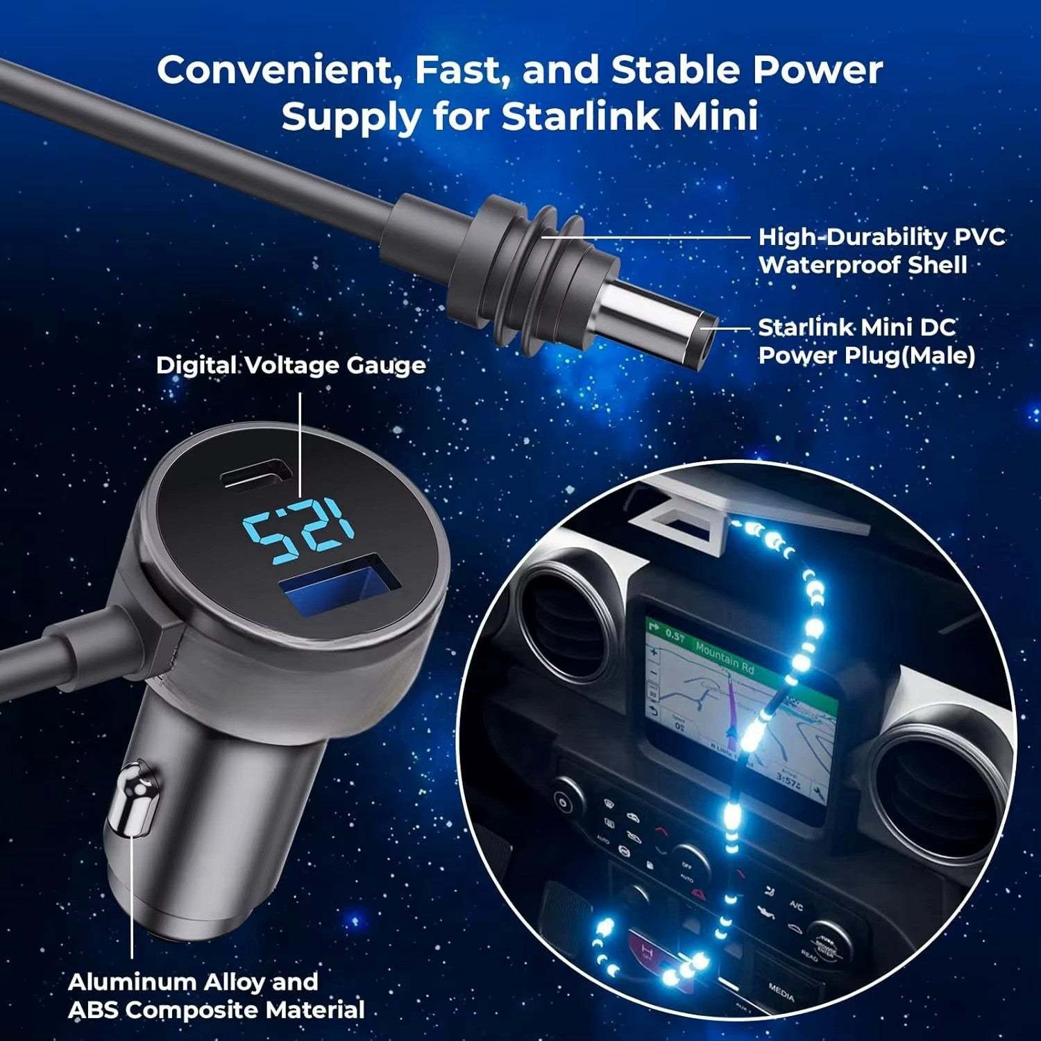 Starlink Mini Dual USB Car Charger with digital voltmeter, waterproof extension cable, and fast QC/PD charging for 12V-24V vehicles.