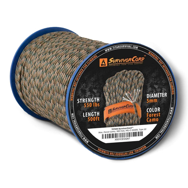 SurvivorCord Forest Camo 500 ft spool 550 lbs strength tactical paracord with fire tinder fishing line and utility wire